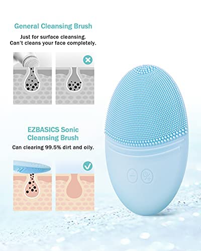 EZBASICS Waterproof Facial Cleansing Brush Vibrating Ultrasonic Face Brush for Deep Cleansing Gentle Exfoliation and Massage Inductive Charging (Blue)