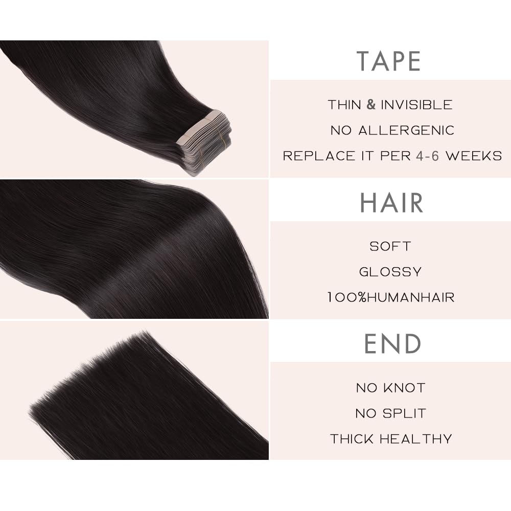 YDDM Extensiones Adhesivas Pelo Natural – 45 cm, 40 g, Negro Natural 1B#