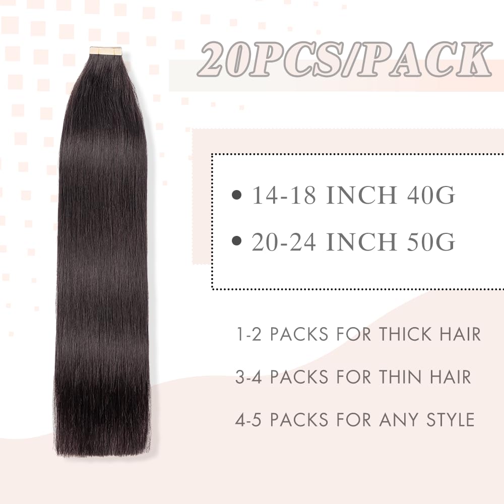 YDDM Extensiones Adhesivas Pelo Natural – 45 cm, 40 g, Negro Natural 1B#