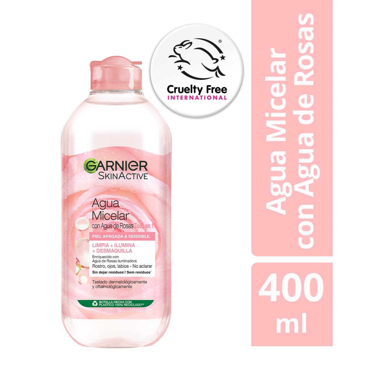 GARNIER Agua Micelar con Agua de Rosas - Piel Sensible y Apagada, 400ml