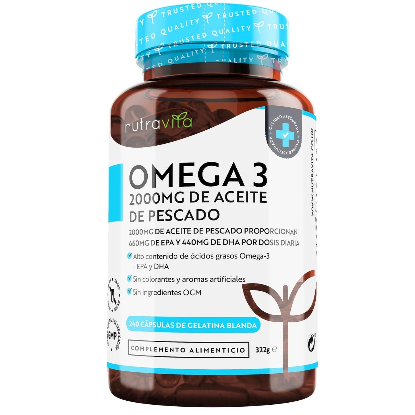 Super Strength Omega 3 2000mg - 240 Softgels. Maximum Concentration of DHA 440mg and EPA 660mg. Concentrated Fish Oil for Cholesterol - 4 Months - Nutravita
