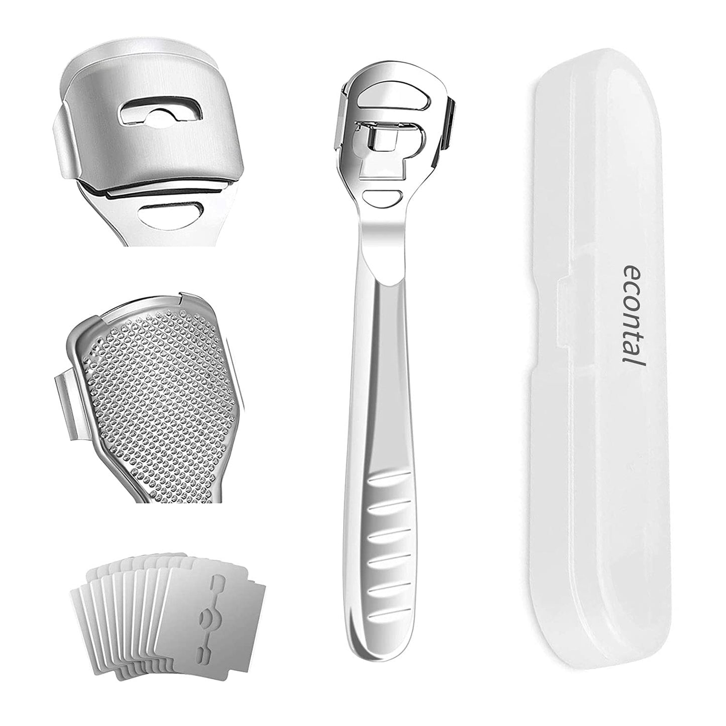 Econtal Steel Callus Remover, Callus Remover, Foot Scraper for Hard Skin and Calluses, Foot File for Hands and Heels, Callus and Hard Skin Remover, 10 Blades and Box