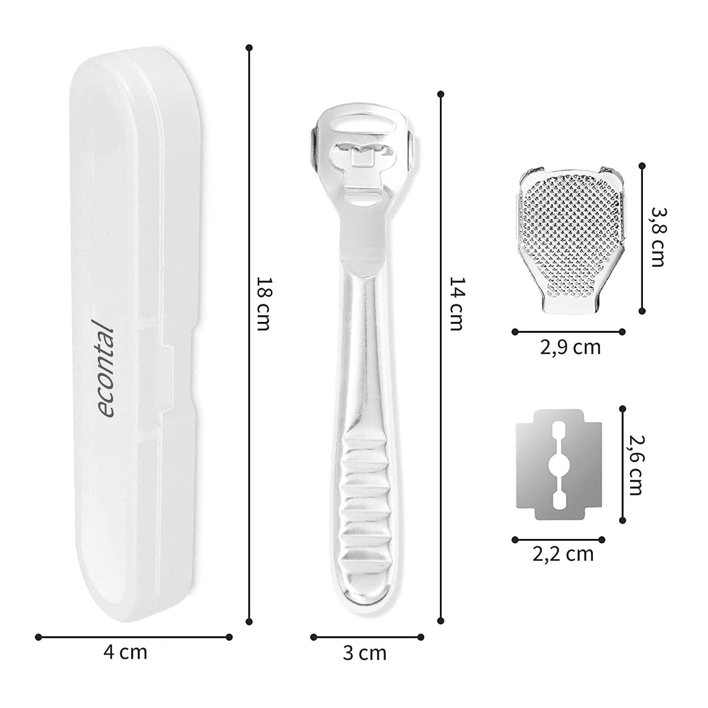 Econtal Steel Callus Remover, Callus Remover, Foot Scraper for Hard Skin and Calluses, Foot File for Hands and Heels, Callus and Hard Skin Remover, 10 Blades and Box
