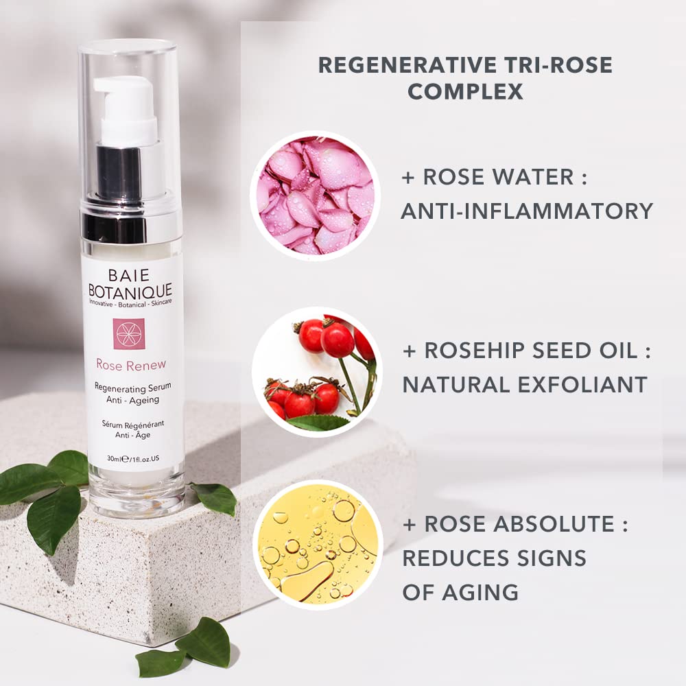 Baie Botanique Anti-Aging Face Serum 50ml - Rose Water, Rose Absolute, Rosehip Seed Oil, Glycolic Acid - Award Winning - 98% Natural, 80% Organic