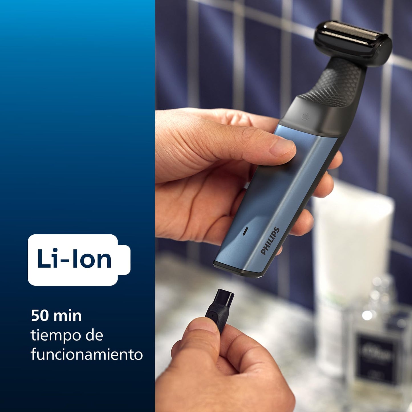 Philips BG3027/03 Men's Bodygroom Series 3000 Body Groomer, Waterproof, with 3 Guide Combs, 60 min Runtime, Blue/Black