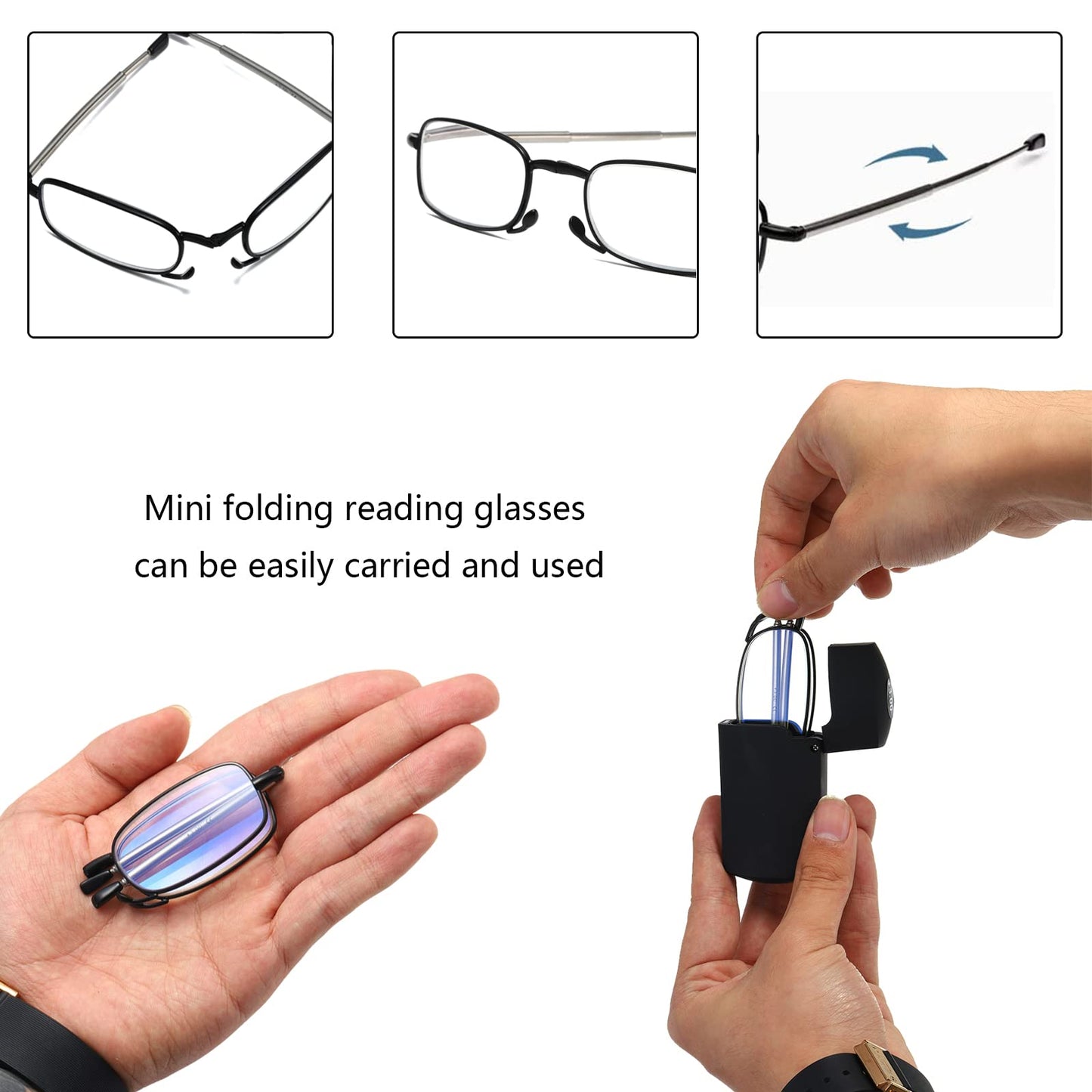 Hubeye Folding Metal Reading Glasses with Spring Hinge and Telescopic Temples Anti Blue Light Reading Glasses with Portable Pocket Case 2.00