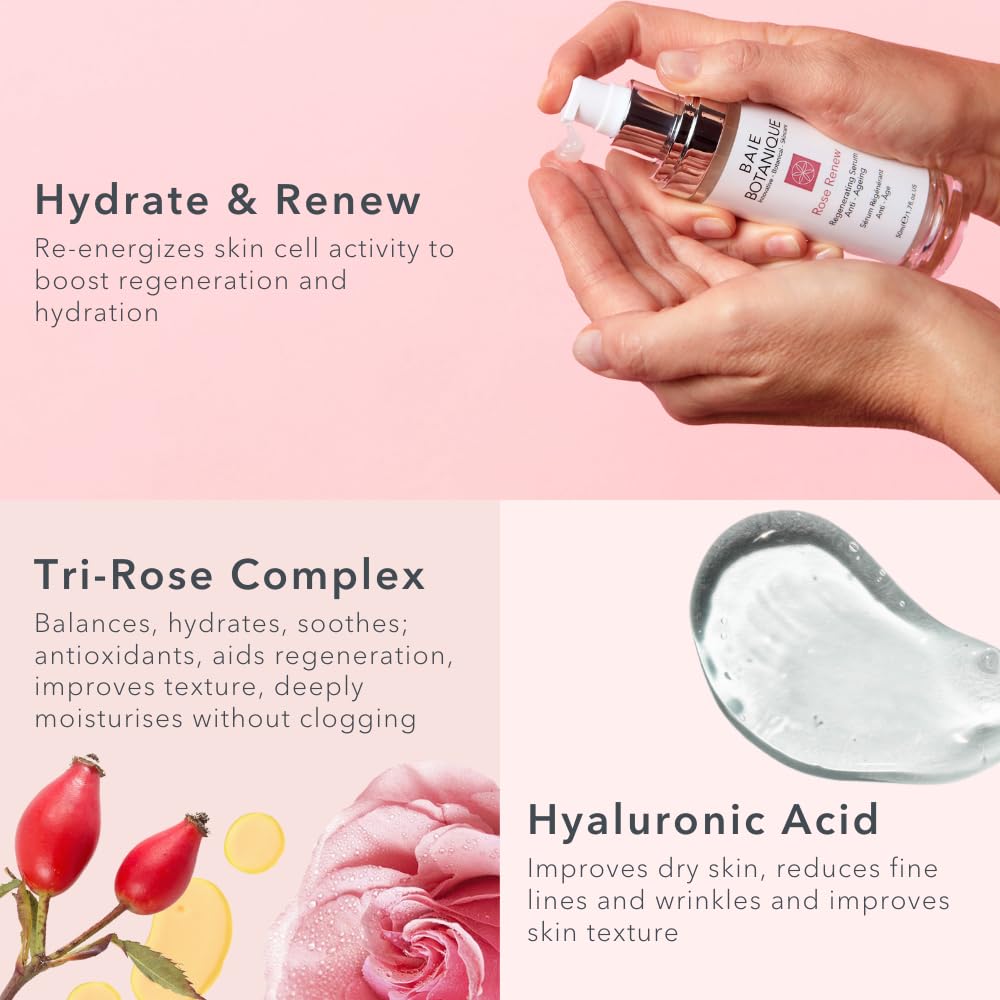 Baie Botanique Anti-Aging Face Serum 50ml - Rose Water, Rose Absolute, Rosehip Seed Oil, Glycolic Acid - Award Winning - 98% Natural, 80% Organic