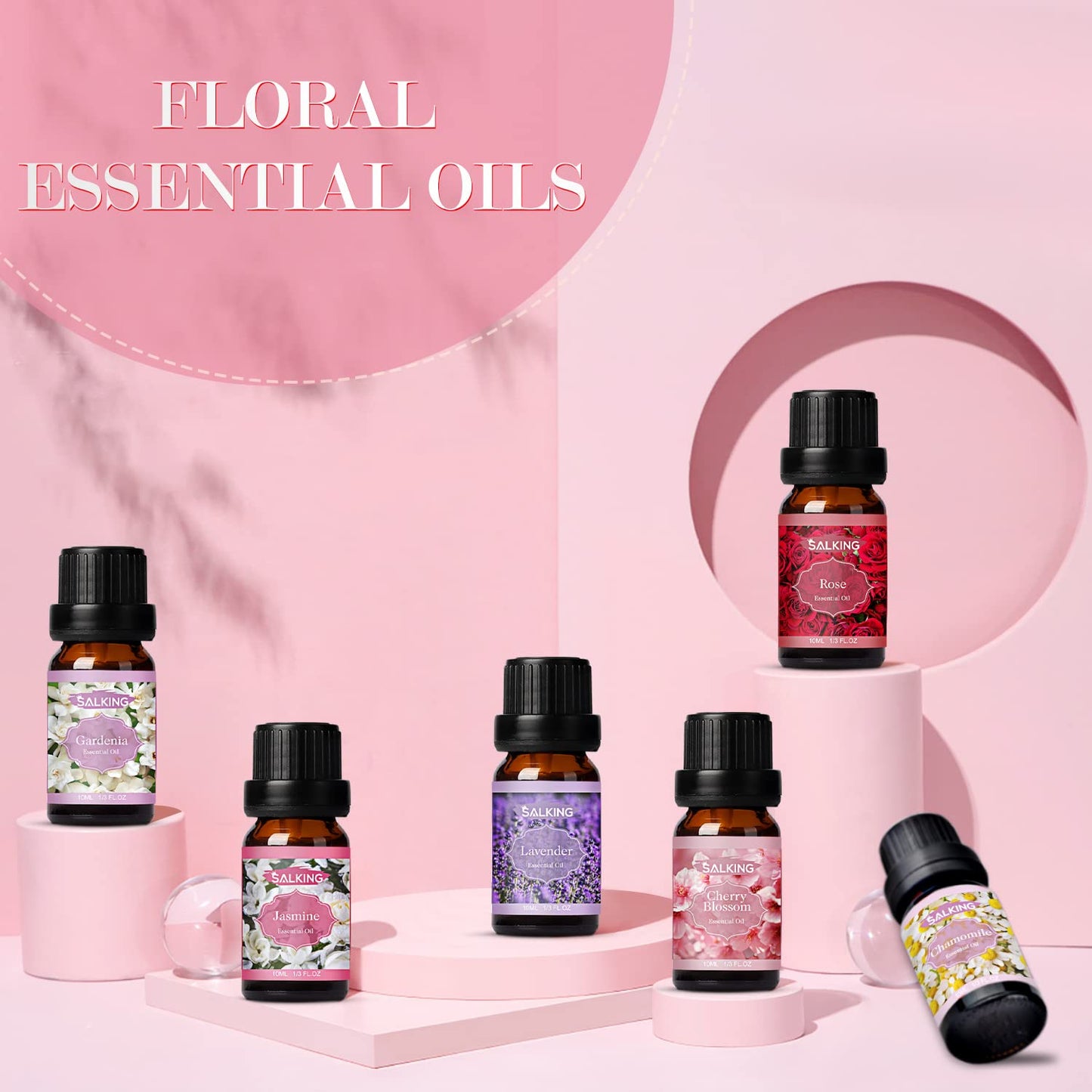SALKING Flower Essential Oils for Humidifier Diffuser 6 x 10 ml, 100% Pure Natural Essential Oils Scented Oil - Lavender, Rose, Jasmine, Gardenia, Chamomile, Cherry Blossom