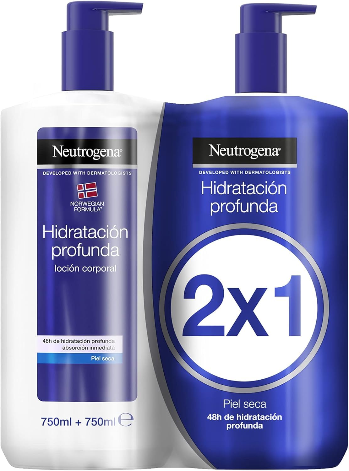 Neutrogena Norwegian Formula Deep Hydration Instant Absorption Body Lotion (pack of 2 x 750 ml), body moisturizer with Pro-Ceramide and Glycerin technology for dry skin