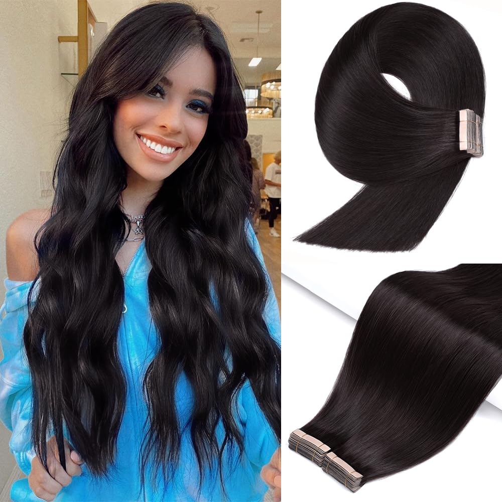 YDDM Extensiones Adhesivas Pelo Natural – 45 cm, 40 g, Negro Natural 1B#