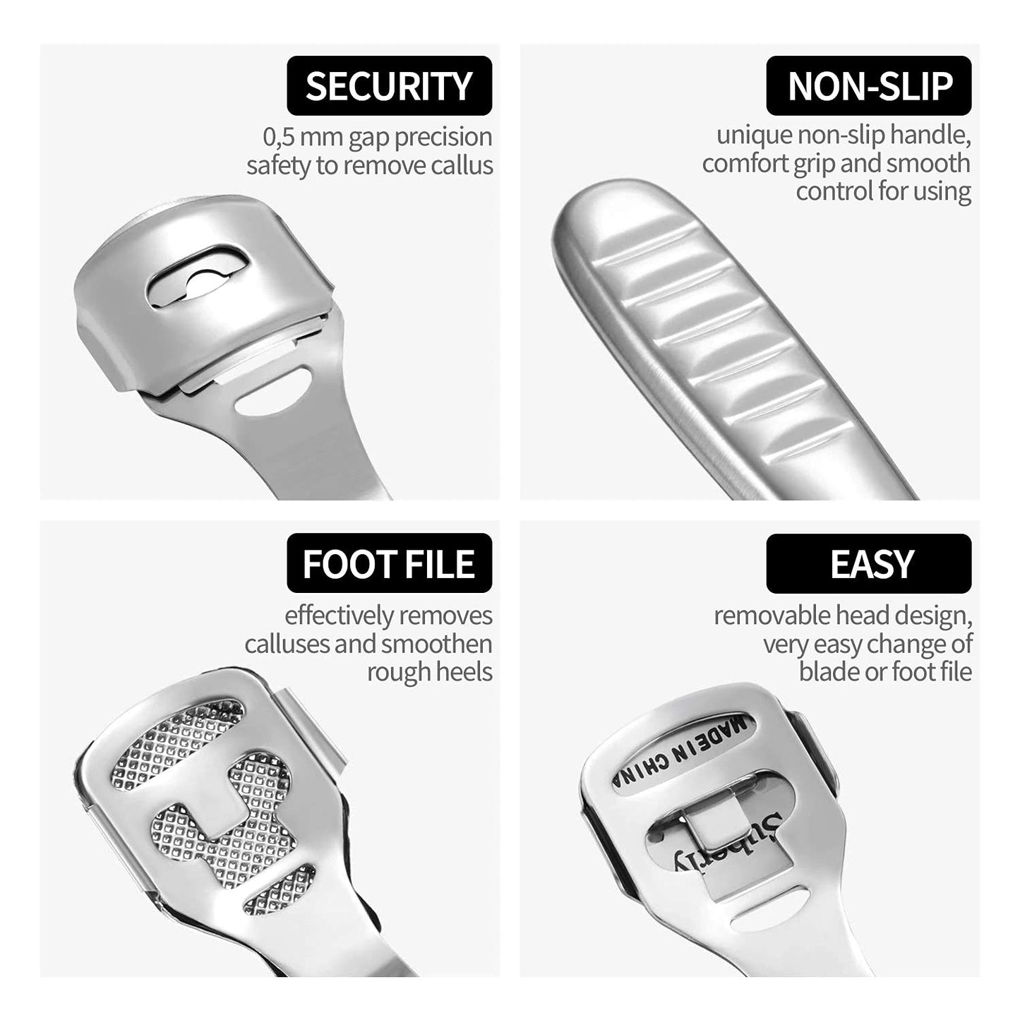 Econtal Steel Callus Remover, Callus Remover, Foot Scraper for Hard Skin and Calluses, Foot File for Hands and Heels, Callus and Hard Skin Remover, 10 Blades and Box