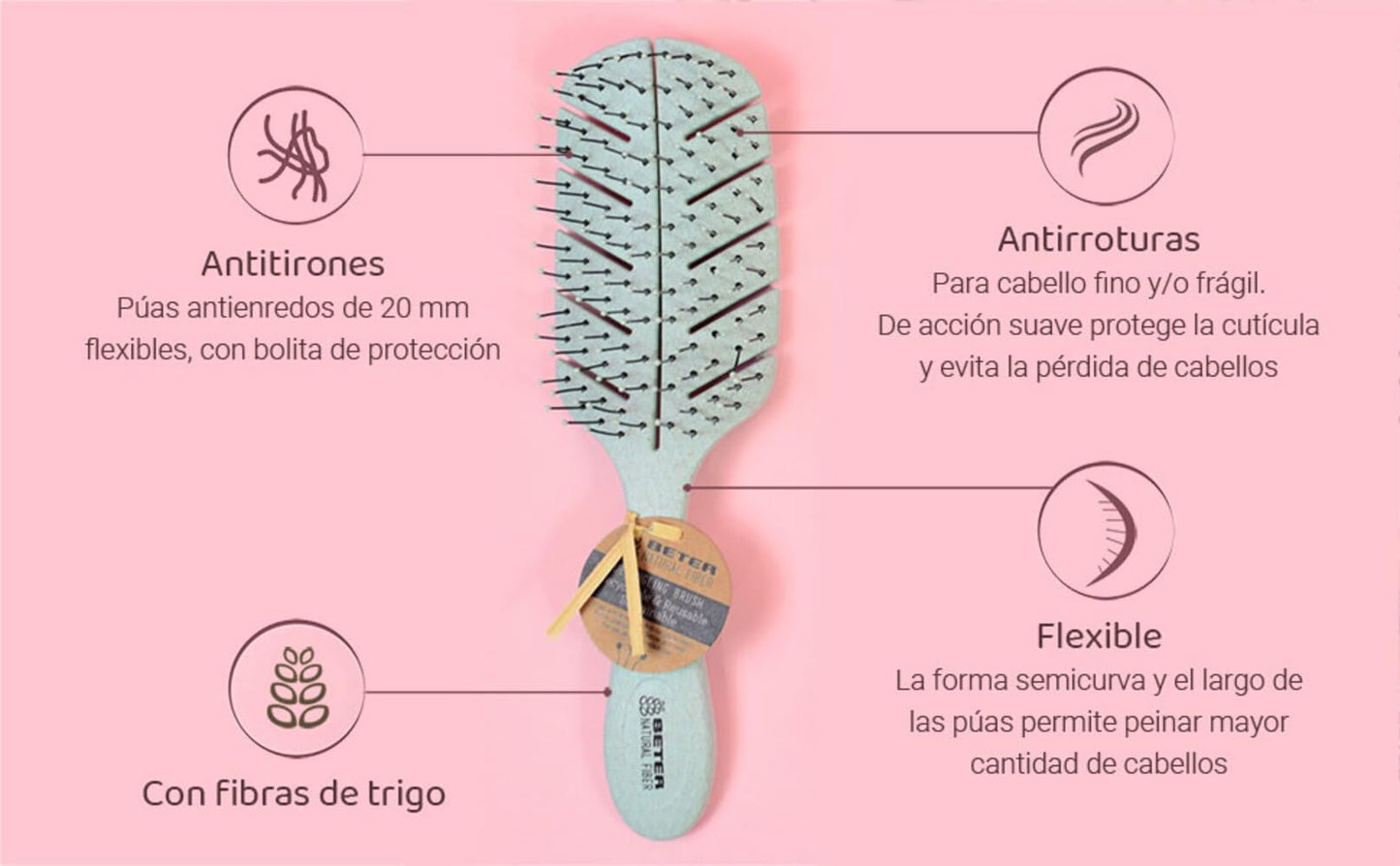 Cepillo Esqueleto Beter Natural Fiber – Antitirones, Desenredante y Sostenible para Todo Tipo de Cabello