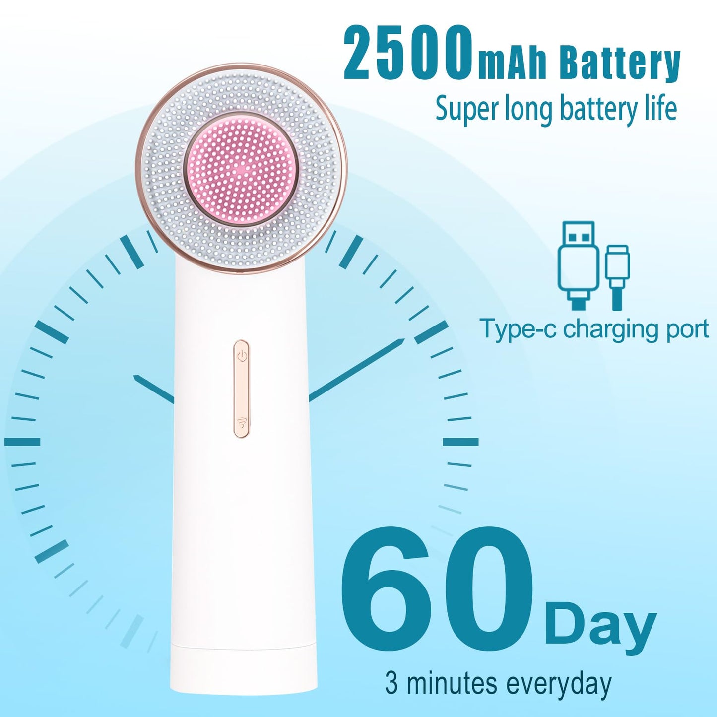 MYCARBON Electric Facial Cleansing Brush 2500 mAh Rechargeable Electric Massager Cleanser 2 Modes 360° Rotation Cleansing Brush 2 Speeds 2 Brushes IPX7 Waterproof FCD4 White