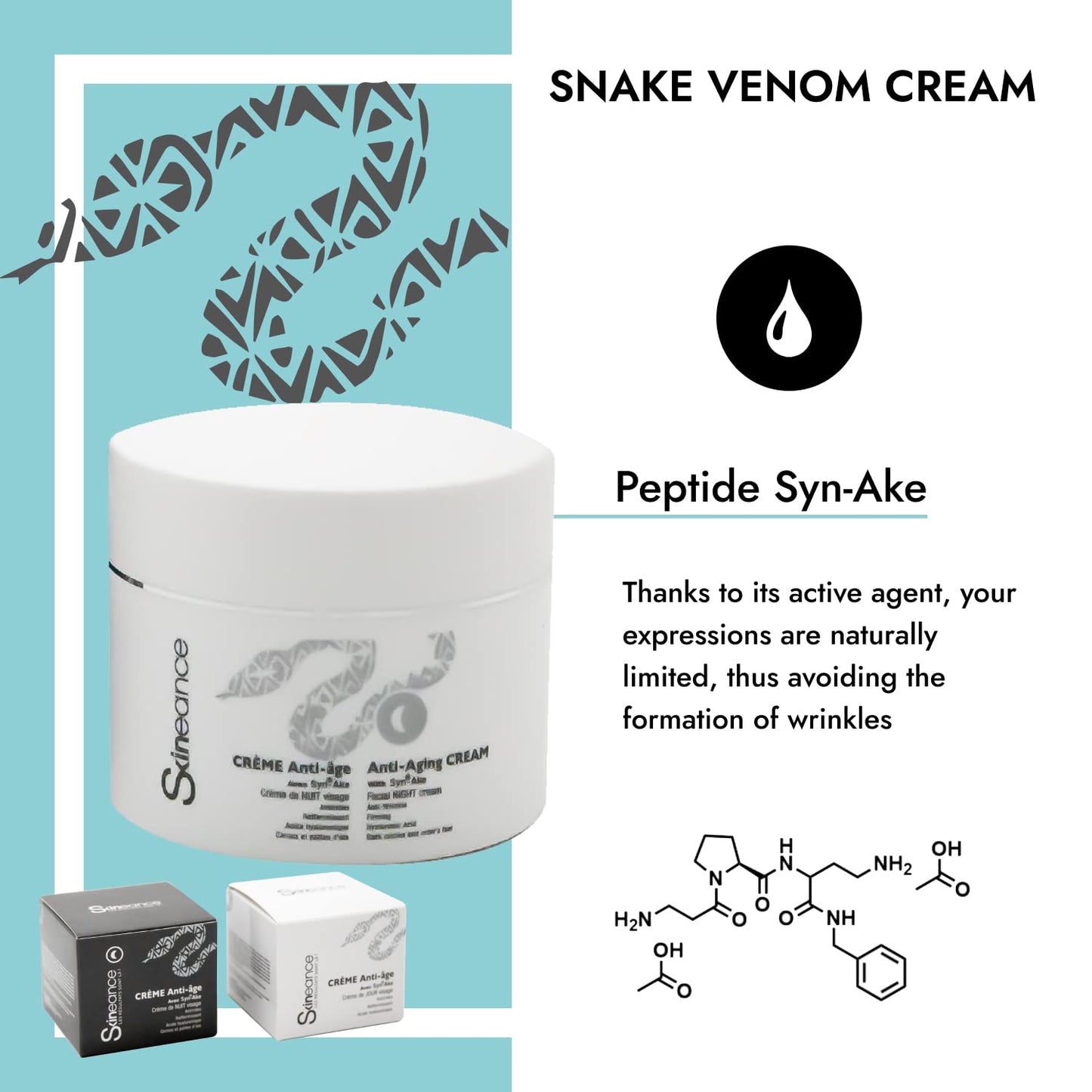 SKINEANCE - Snake Venom Night Cream - Anti-Aging Actives - Reduces Expression Lines, Fine Lines, Puffiness and Dark Circles - 50 ML