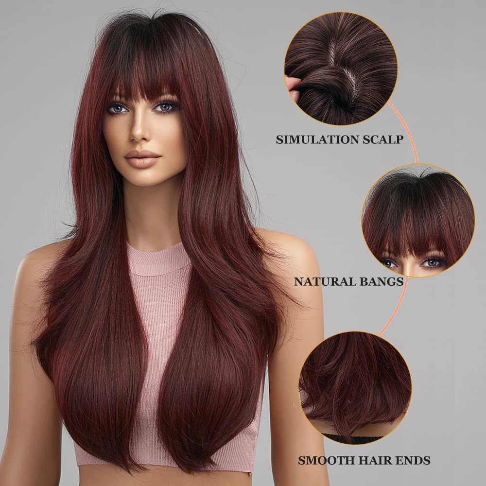 Peluca Larga Roja Ombré Ondulada con Flequillo - Esmee, 24"