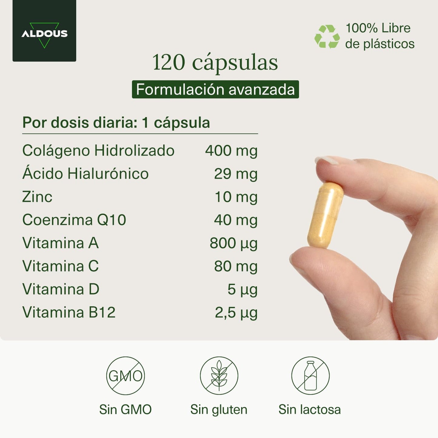 120 Collagen Capsules with Hyaluronic Acid + Coenzyme Q10 + Vitamins A, C, D and B12 + Zinc | Energy and Strong Joints | Hydrolyzed Collagen | 750mg | Made in Spain