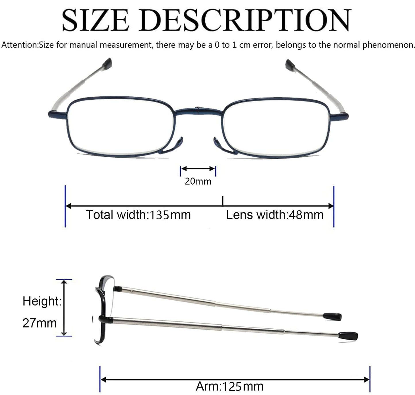 Hubeye Folding Metal Reading Glasses with Spring Hinge and Telescopic Temples Anti Blue Light Reading Glasses with Portable Pocket Case 2.00