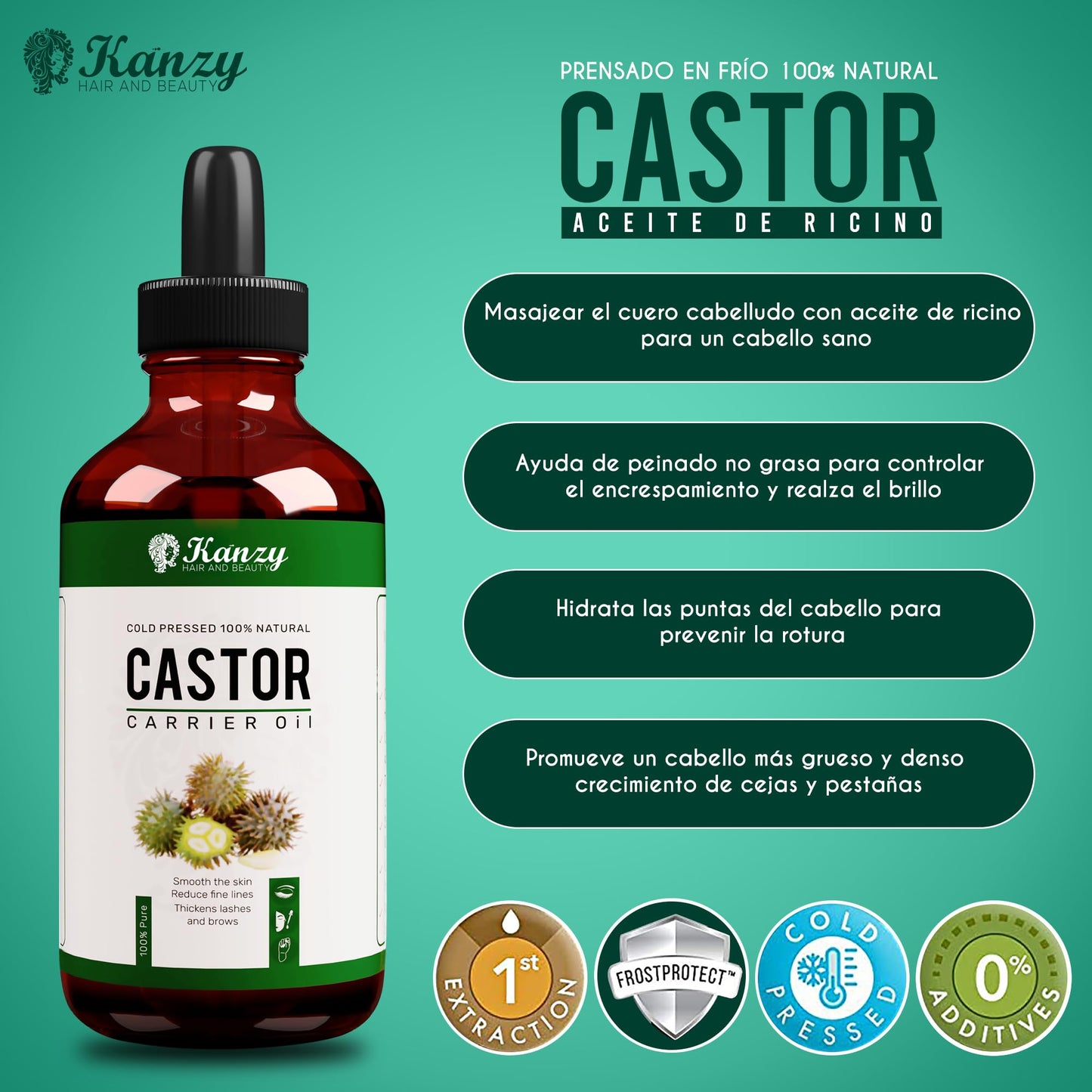 Kanzy Castor Oil for Eyelashes and Eyebrows 100ml Pure Oil for Hair, Beard, Nails, Body and Face Cold Pressed, Ideal for Hair Growth with Brushes, unisex