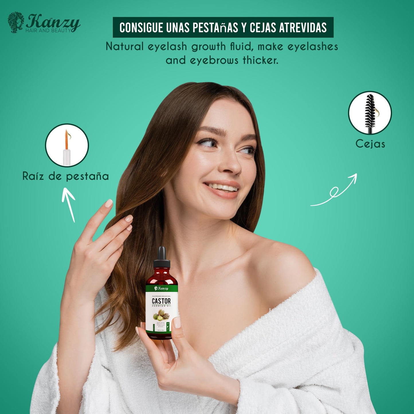 Kanzy Castor Oil for Eyelashes and Eyebrows 100ml Pure Oil for Hair, Beard, Nails, Body and Face Cold Pressed, Ideal for Hair Growth with Brushes, unisex