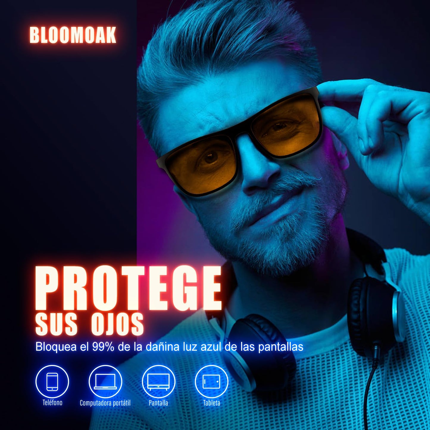 Bloomoak-99% Blue Light Blocking Glasses-Gaming Glasses-Anti Glare - Anti Eyestrain - TR90 Material - Suitable for Screens, Games, TVs, Mobile Phones (Amber - 99% - Black Frame)