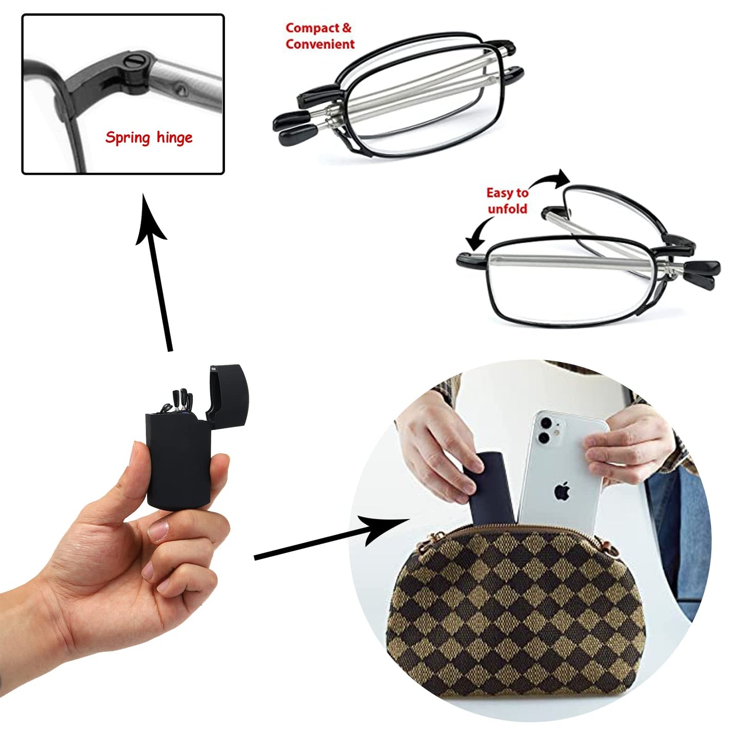 Hubeye Folding Metal Reading Glasses with Spring Hinge and Telescopic Temples Anti Blue Light Reading Glasses with Portable Pocket Case 2.00