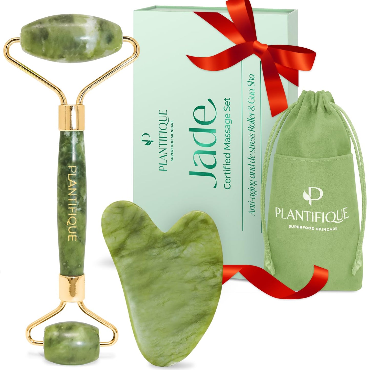 Plantifique – 100% Authentic Gua Sha and Jade Facial Roller – Anti-Wrinkle Facial Massager for Toning and Firming Skin – Massage Roller – Facial Massagers – Eye Massager