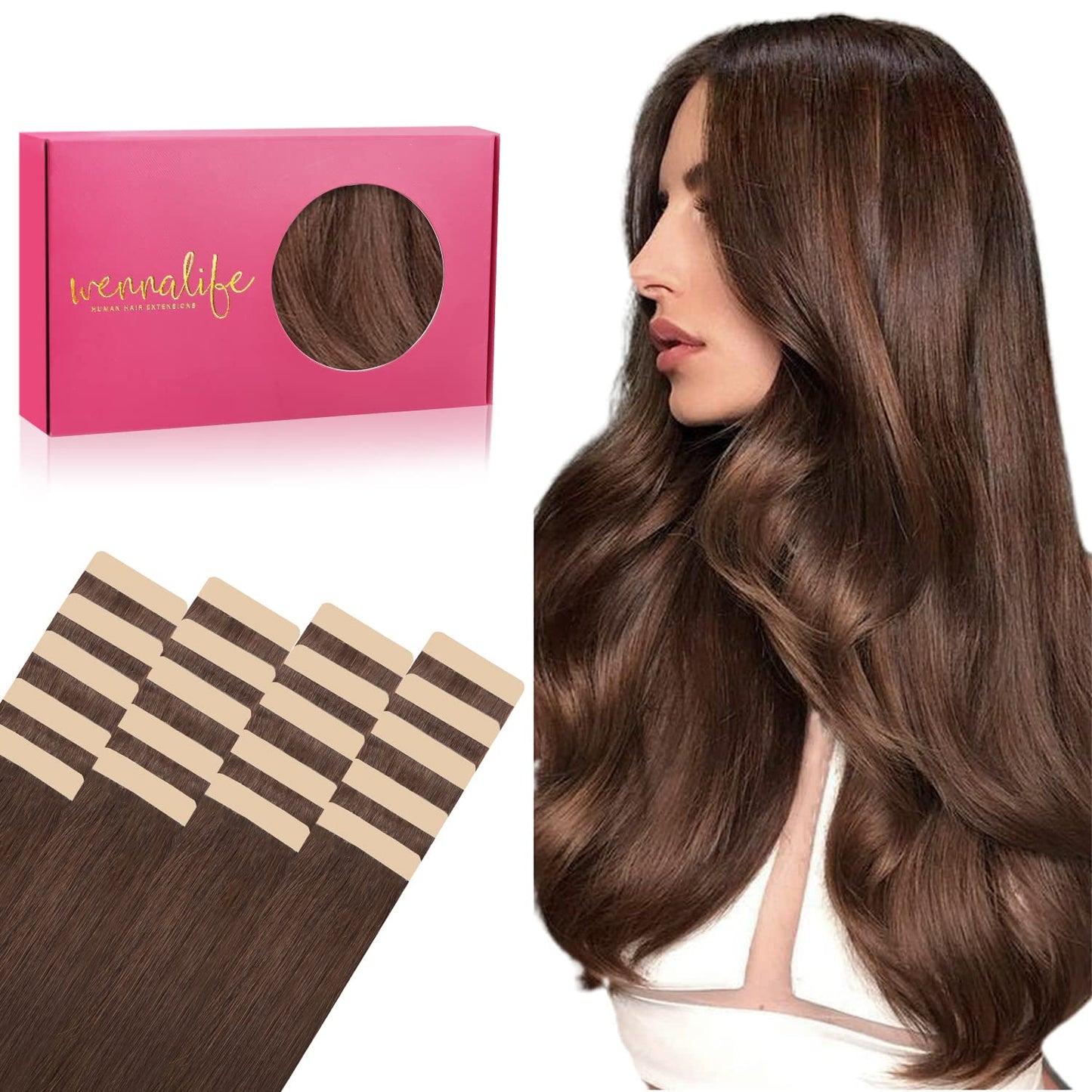 WENNALIFE Extensiones Adhesivas Pelo Natural Remy – 45 cm, Castaño Chocolate