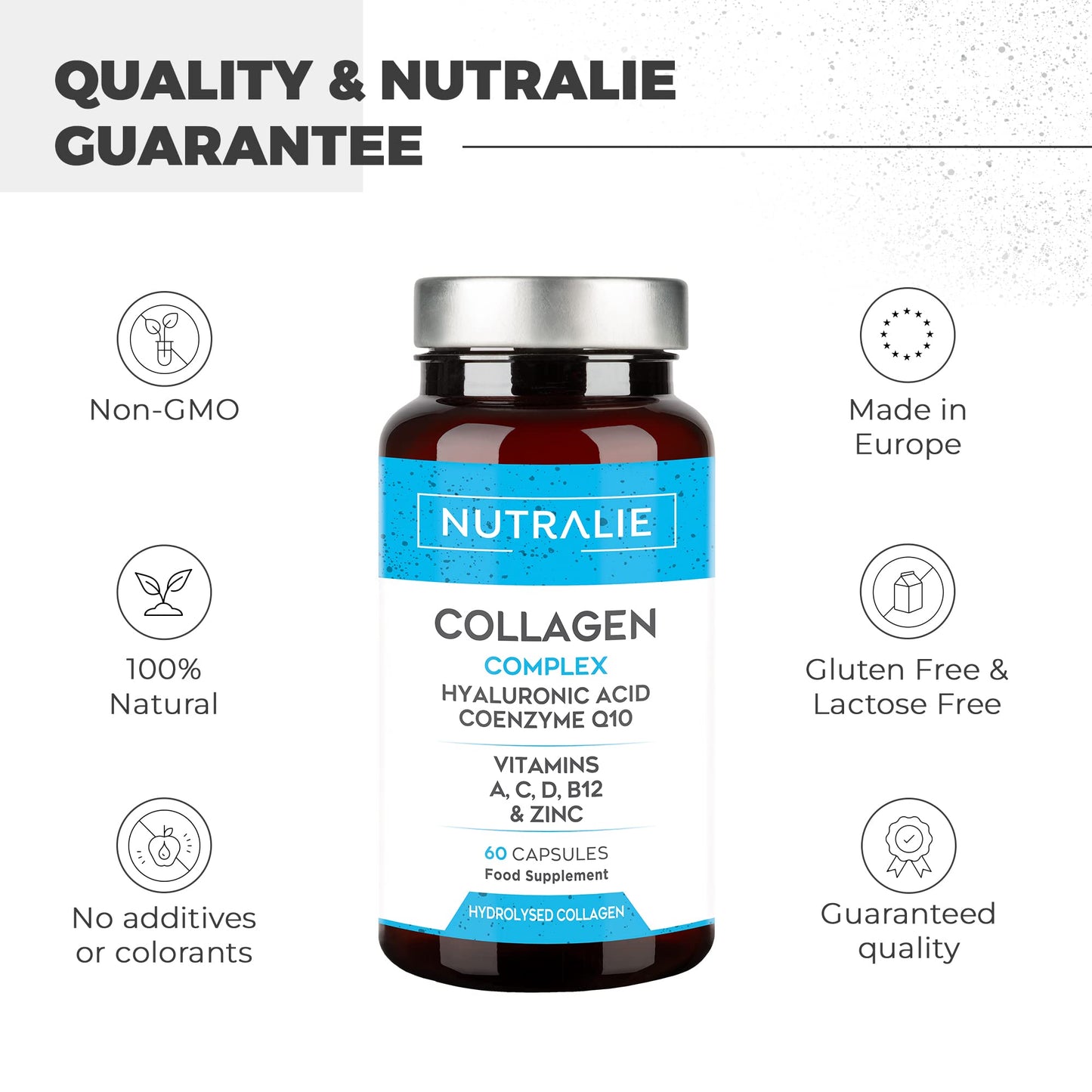 Collagen Hyaluronic Acid Q10 - Pure Hydrolyzed - Joints Skin + Vitamins CAD B12 + Zinc - 60 capsules - Nutralie (No dyes)