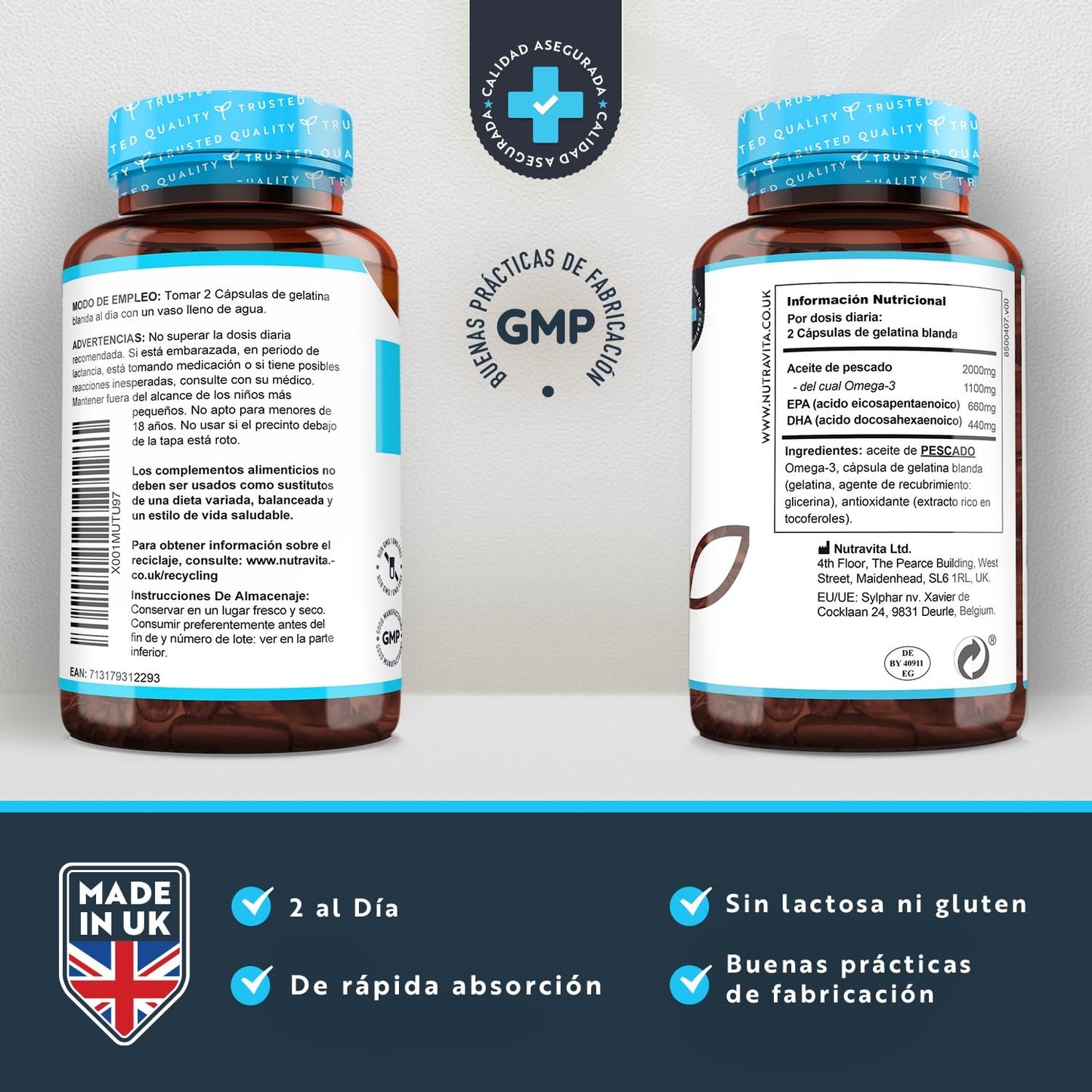 Super Strength Omega 3 2000mg - 240 Softgels. Maximum Concentration of DHA 440mg and EPA 660mg. Concentrated Fish Oil for Cholesterol - 4 Months - Nutravita