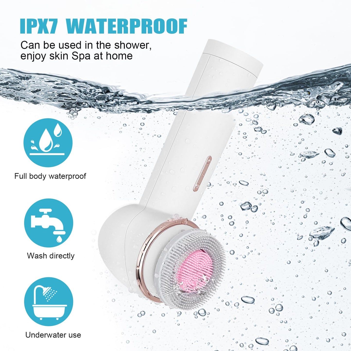 MYCARBON Electric Facial Cleansing Brush 2500 mAh Rechargeable Electric Massager Cleanser 2 Modes 360° Rotation Cleansing Brush 2 Speeds 2 Brushes IPX7 Waterproof FCD4 White