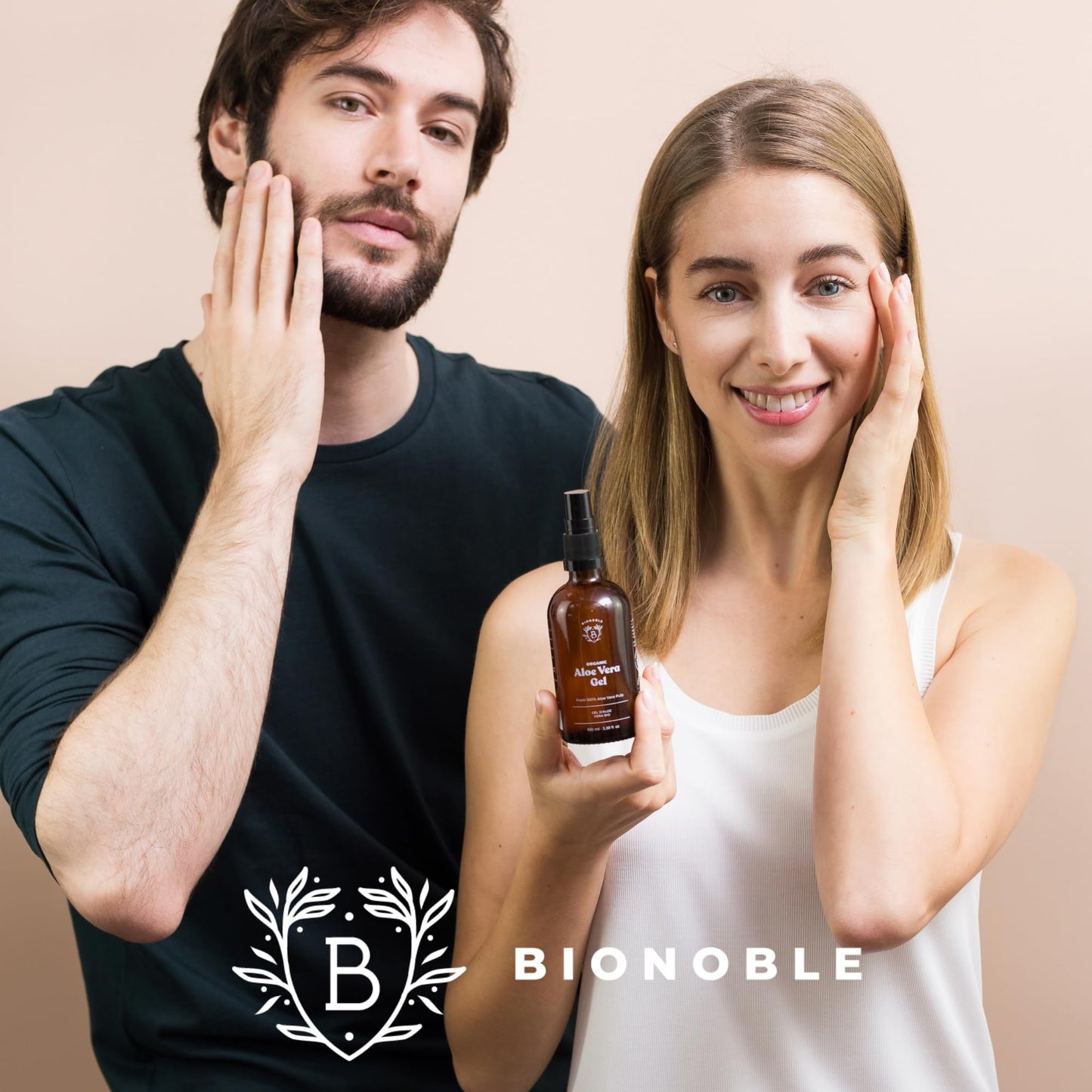 Bionoble Organic Aloe Vera Gel 100ml - Made with 100% Pure Fresh Aloe Pulp and Lavender - Xanthan Free - Face, Eye Contour, Body, Hair - Glass Bottle + Pump