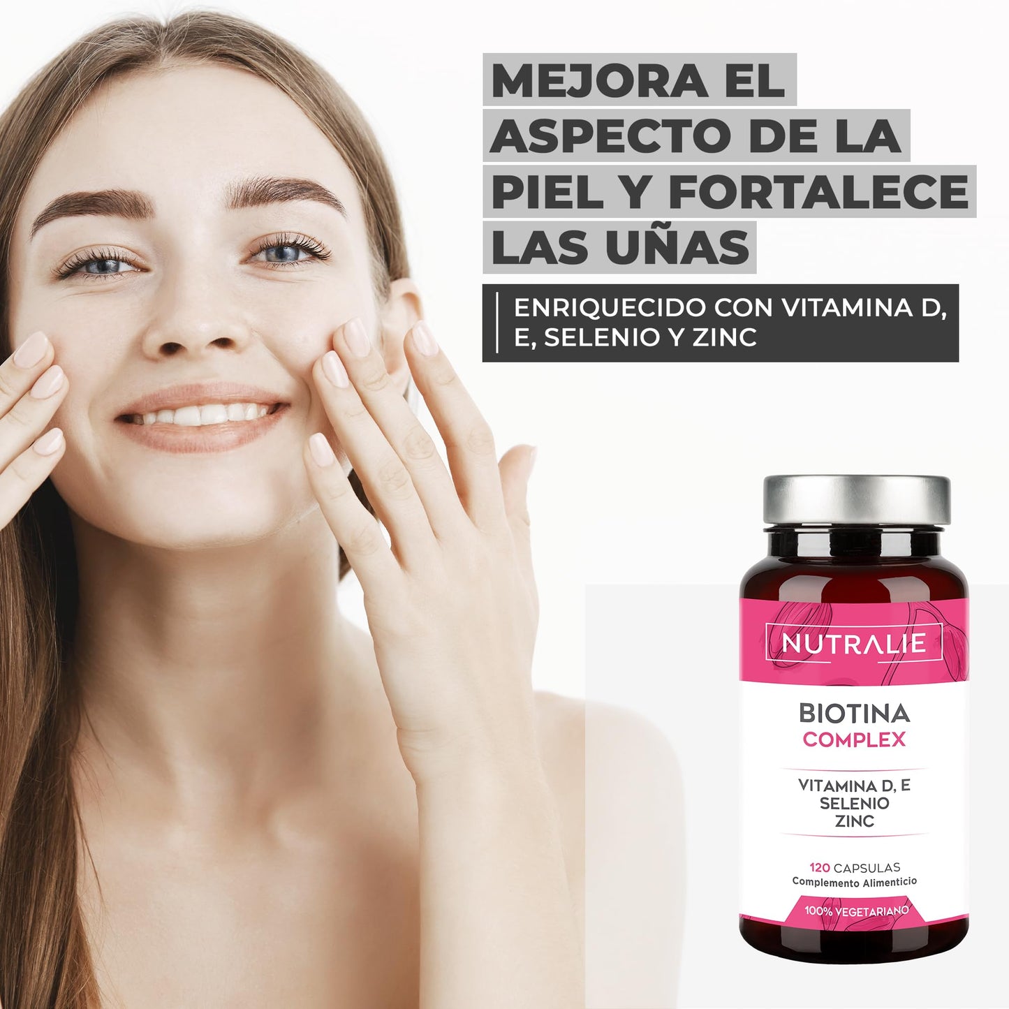 Biotina 10,000 mcg Nutralie – Cabello, Piel y Uñas Fuertes con Zinc y Selenio (120 Cápsulas)