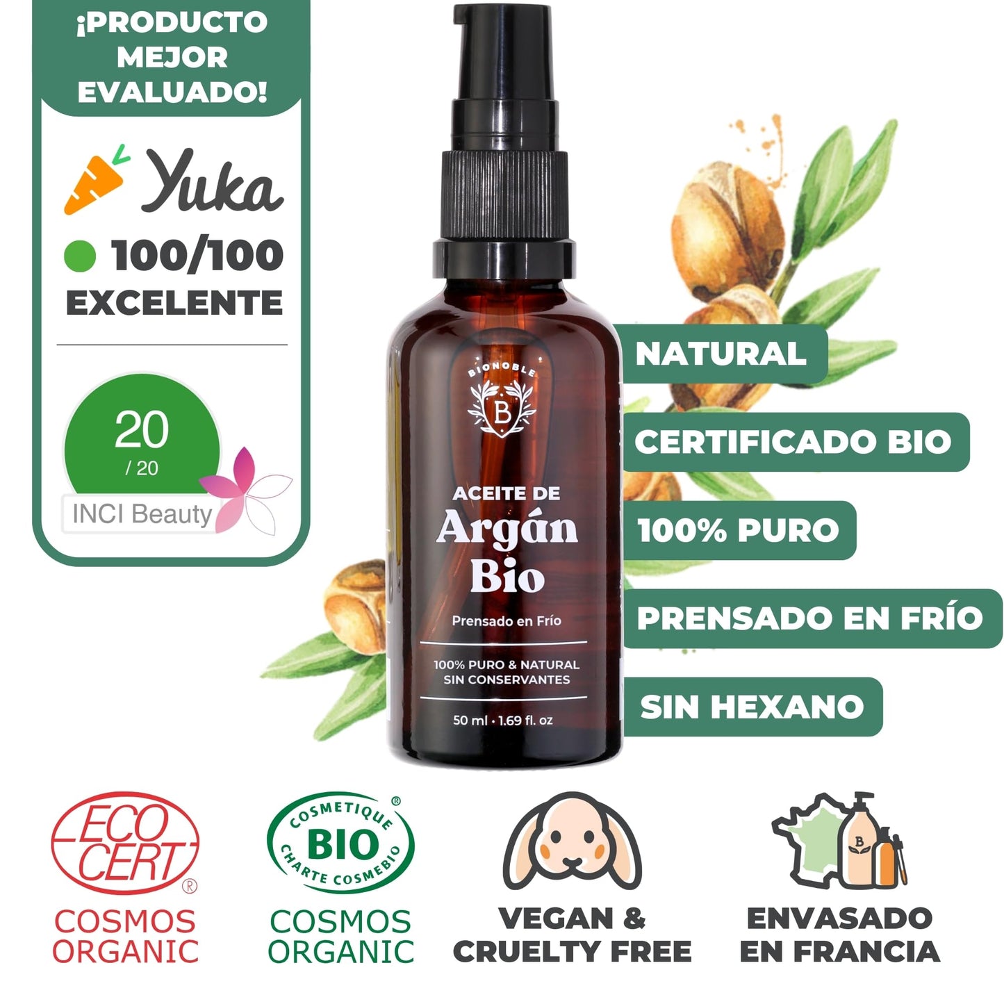 Bionoble Aceite de Argán Orgánico – 100% Puro y Prensado en Frío para Rostro, Cuerpo, Cabello y Barba (50 ml)