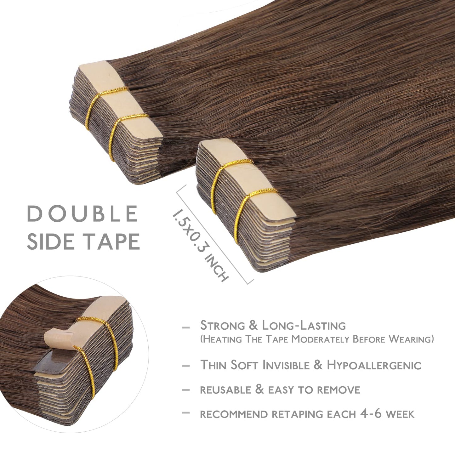 WENNALIFE Extensiones Adhesivas Pelo Natural Remy – 45 cm, Castaño Chocolate