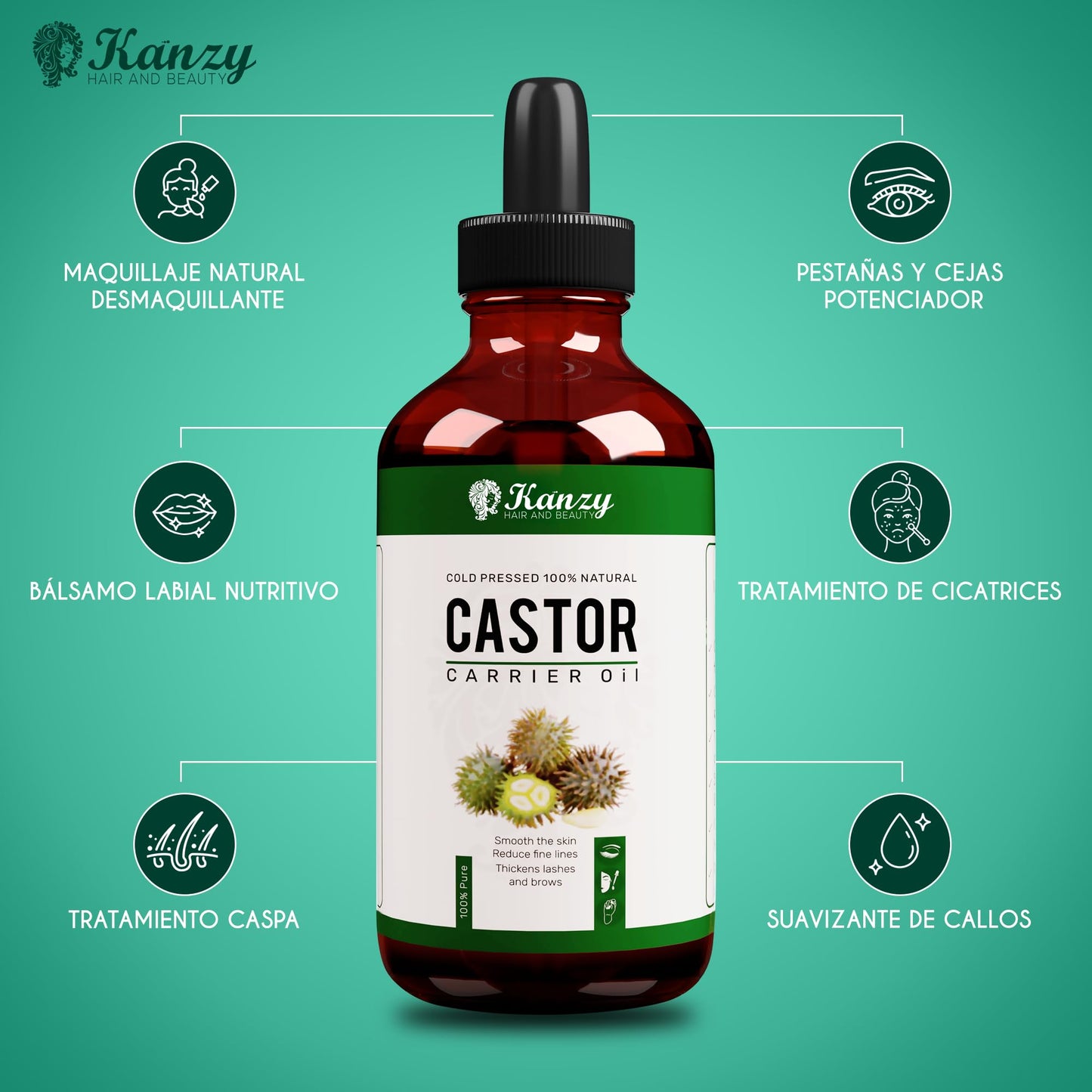 Kanzy Castor Oil for Eyelashes and Eyebrows 100ml Pure Oil for Hair, Beard, Nails, Body and Face Cold Pressed, Ideal for Hair Growth with Brushes, unisex
