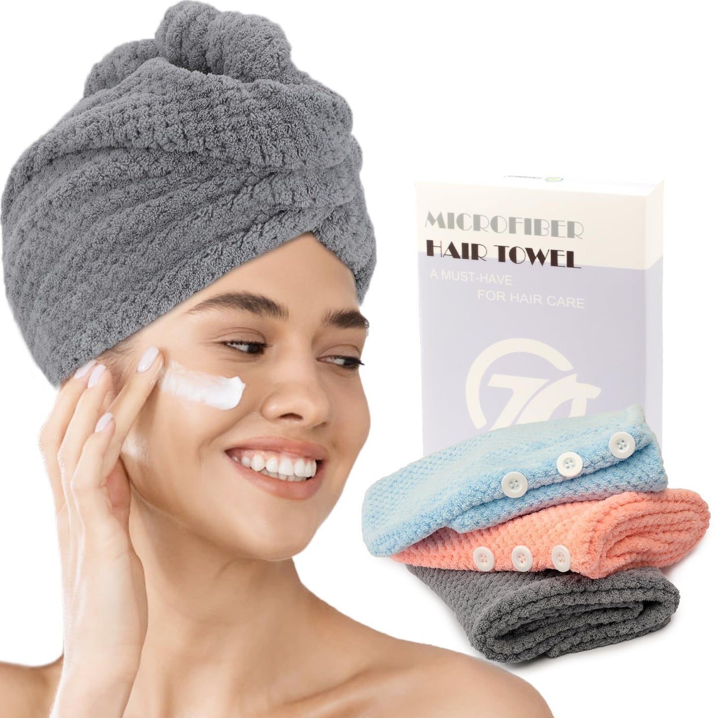 FREATECH 3 Pieces Microfiber Hair Towel, Hair Drying Towels without Frizz, Less Blow Drying, Soft and Absorbent Hair Turban with 3 Buttons for Long, Curly and Thick Hair