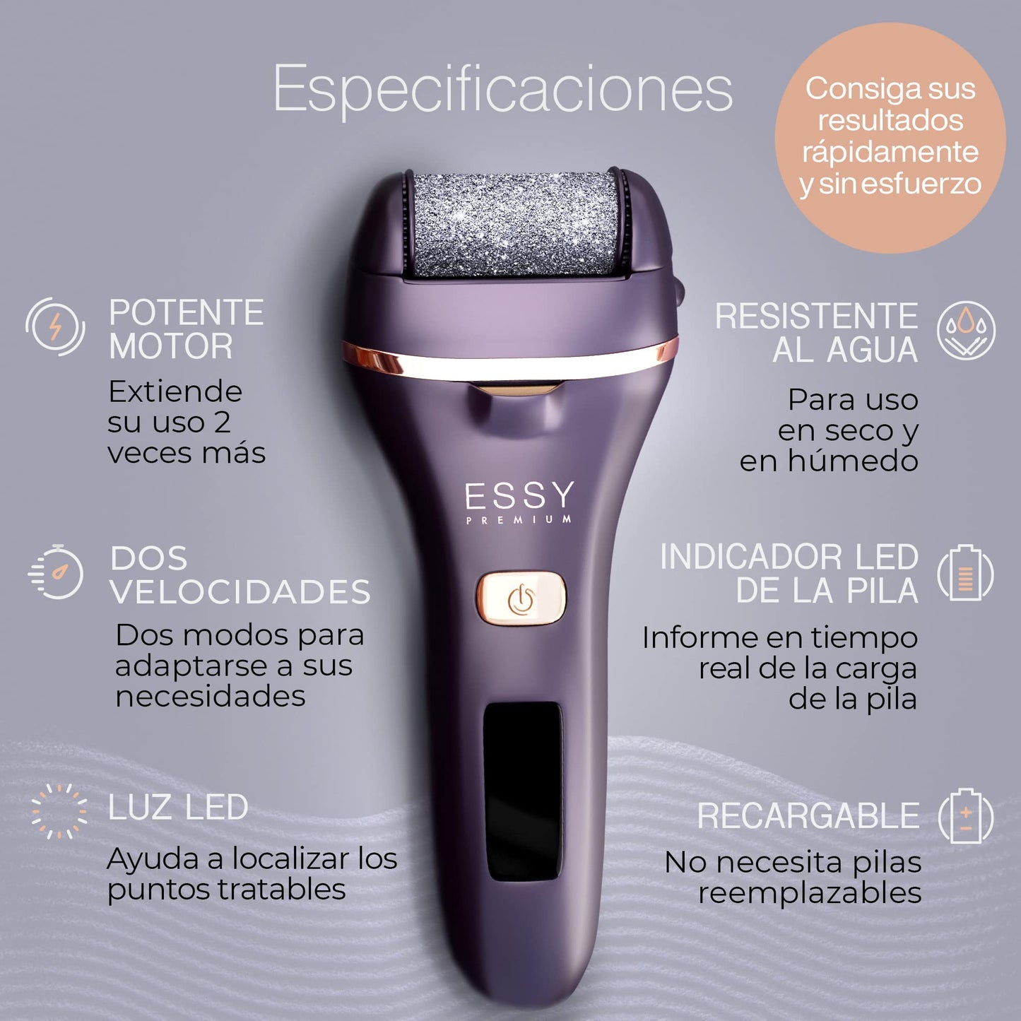 Lima Eléctrica Recargable Essy para Pies con 5 Rodillos - Morado