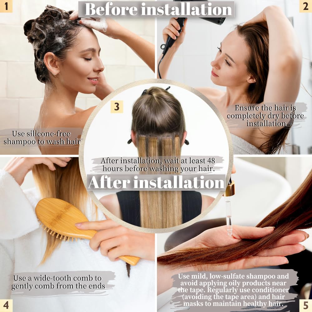 YDDM Extensiones Adhesivas Pelo Natural – 45 cm, 40 g, Negro Natural 1B#