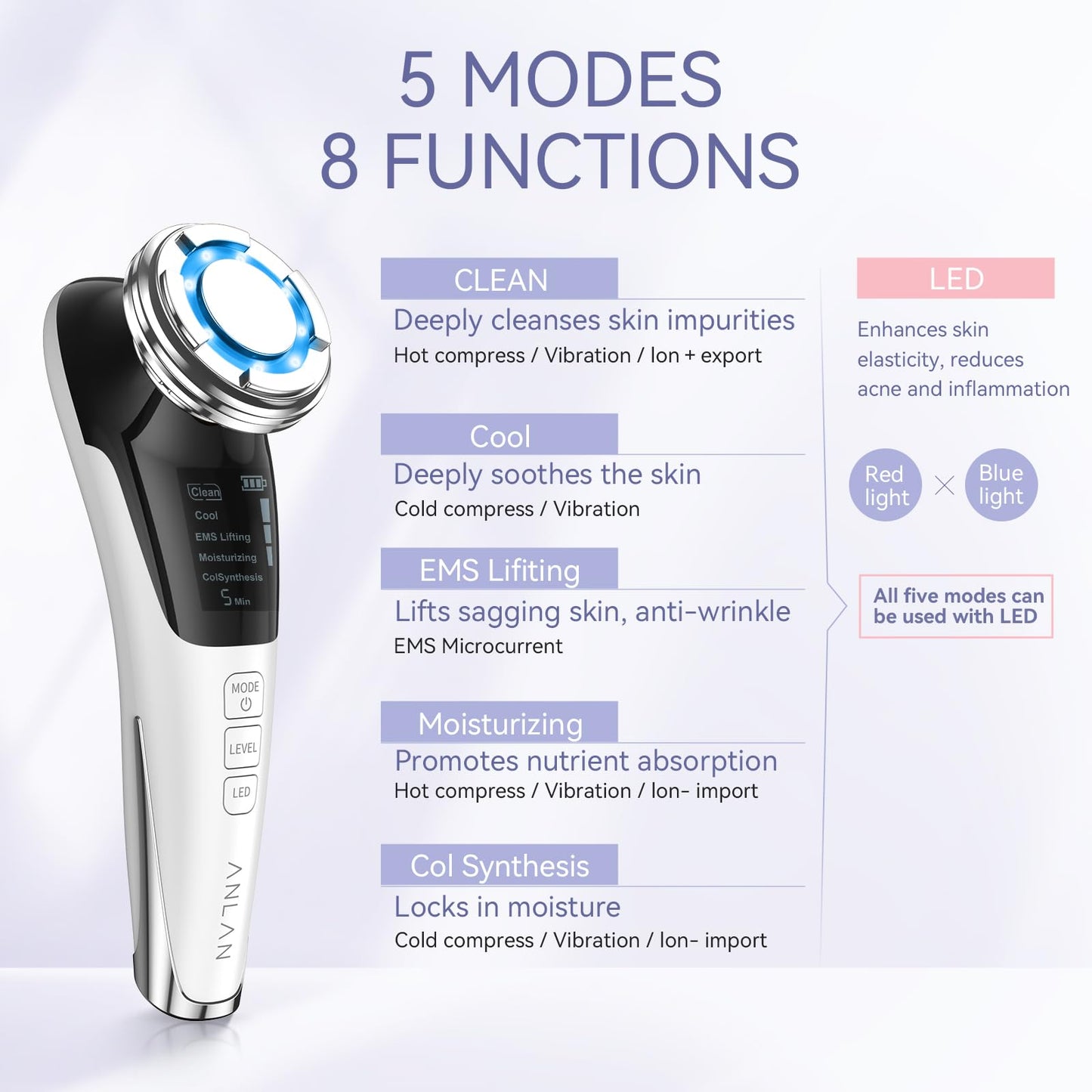 Masajeador Facial ANLAN 5 en 1 - Frío, Calor, LED, EMS