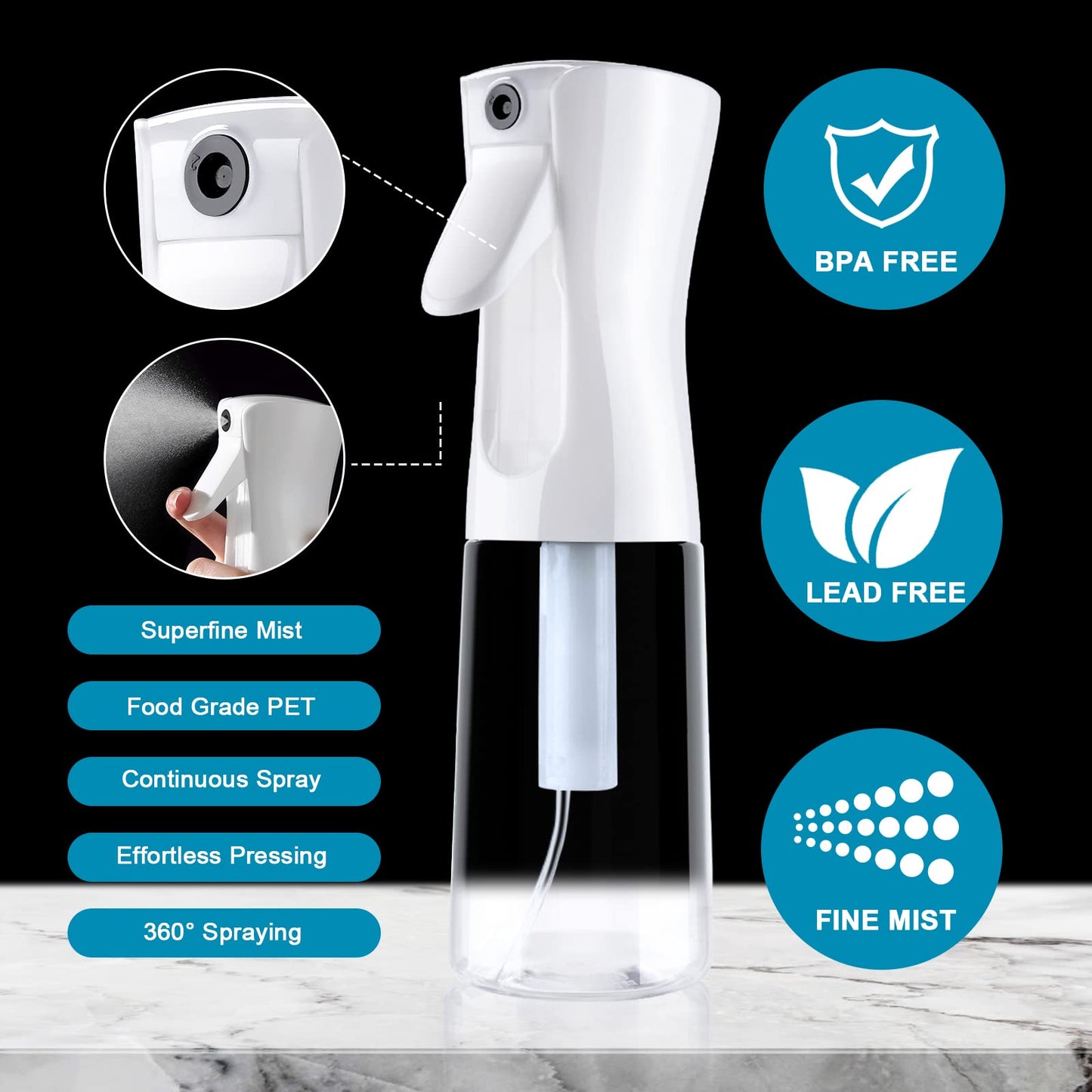 URAQT Hairdressing Water Spray Bottle, 200ml Fine Mist Continuous Sprayer, Refillable Hair Spray Bottle, Empty Spray Bottles for Hair Styling, Plants, Pets, Cleaning (White)
