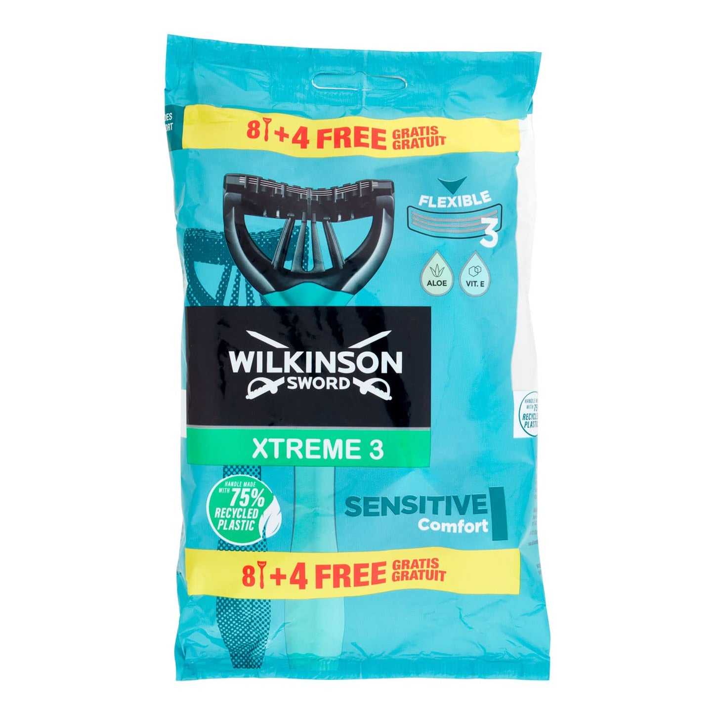 Wilkinson Sword Xtreme 3 Sensitive - Pack of 8 + 4 Disposable Razors with a Lubricating Strip of Vitamin E and Aloe Vera - Optimal for Facial Care and Softness