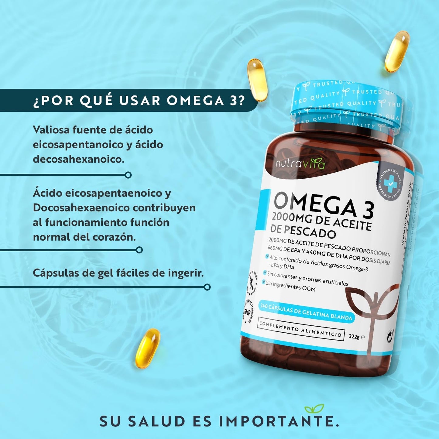 Super Strength Omega 3 2000mg - 240 Softgels. Maximum Concentration of DHA 440mg and EPA 660mg. Concentrated Fish Oil for Cholesterol - 4 Months - Nutravita