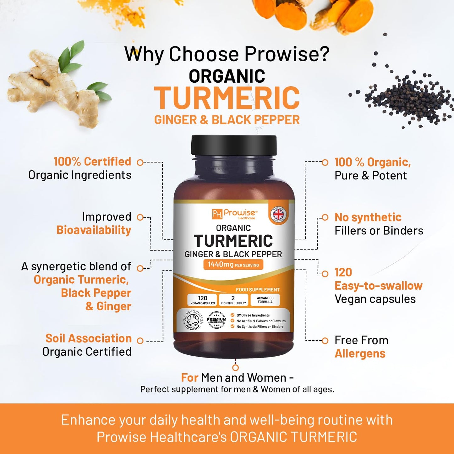 Turmeric Curcumin 1440mg with Black Pepper & Ginger I 120 High Strength Vegan Turmeric Capsules (2 Month Supply) I Made in the UK by Prowise Healthcare
