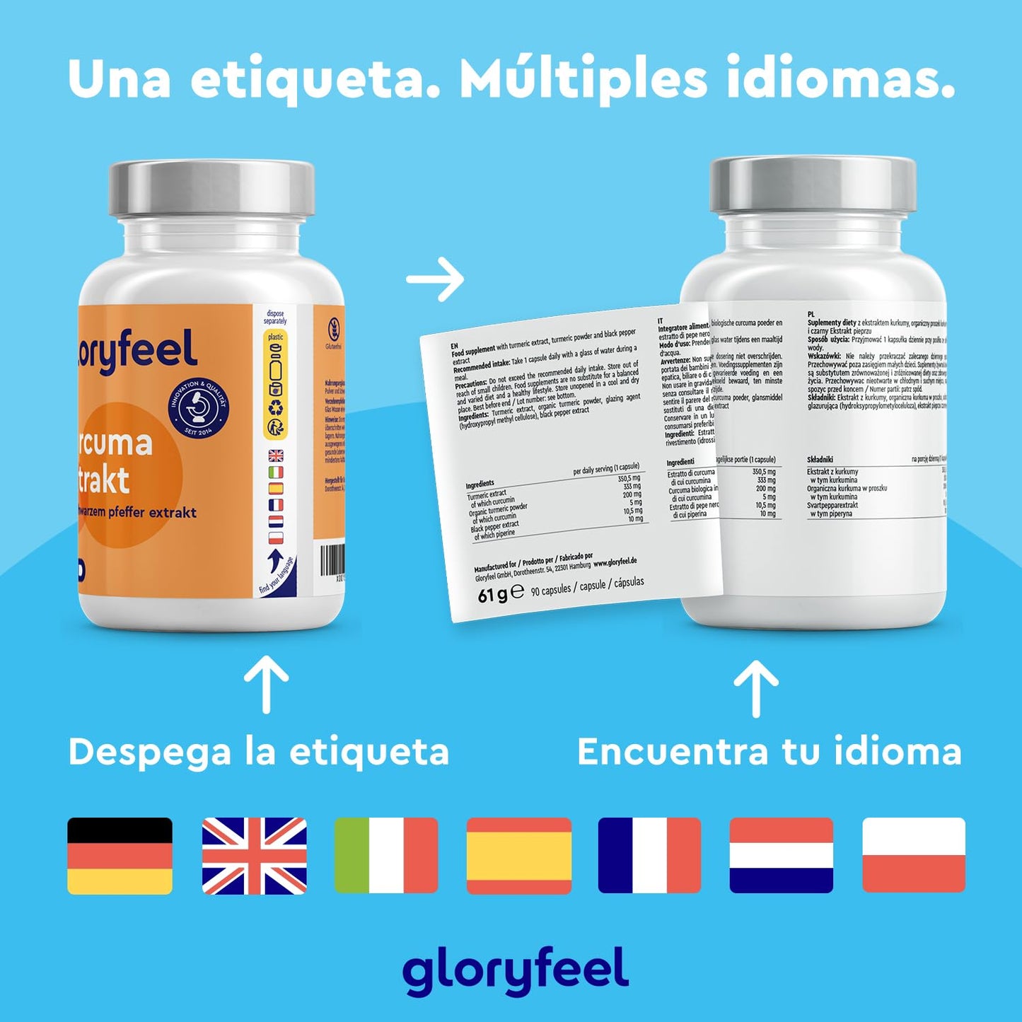 Cúrcuma Extracto 17000 mg - 95% Curcumina y Piperina - Vegano