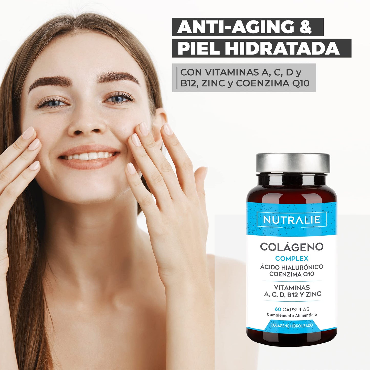 Collagen + Hyaluronic Acid + Coenzyme Q10 + Vitamins A, C, D and B12 + Zinc | For Joints and Skin | Hydrolyzed in 60 capsules | Nutralie