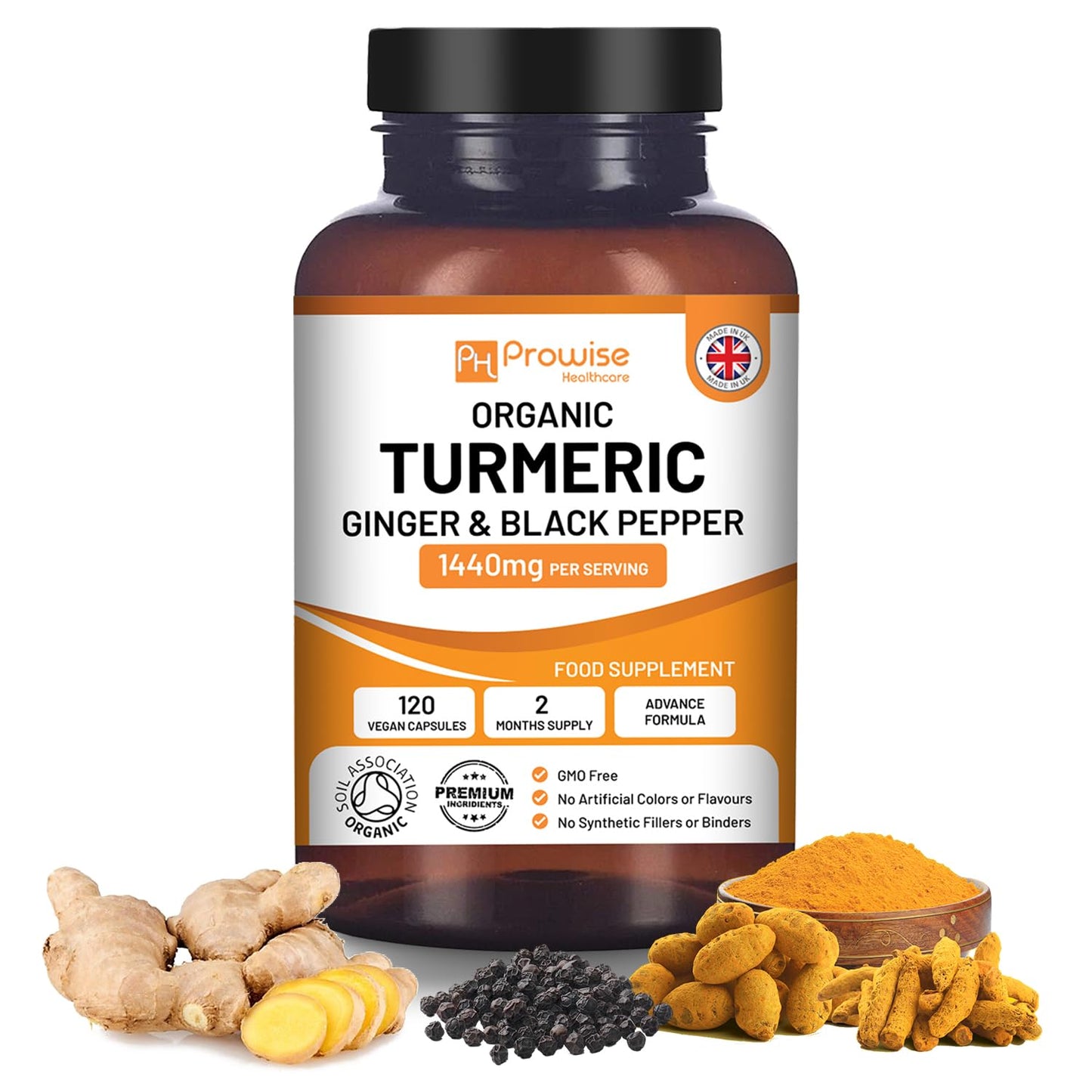Turmeric Curcumin 1440mg with Black Pepper & Ginger I 120 High Strength Vegan Turmeric Capsules (2 Month Supply) I Made in the UK by Prowise Healthcare
