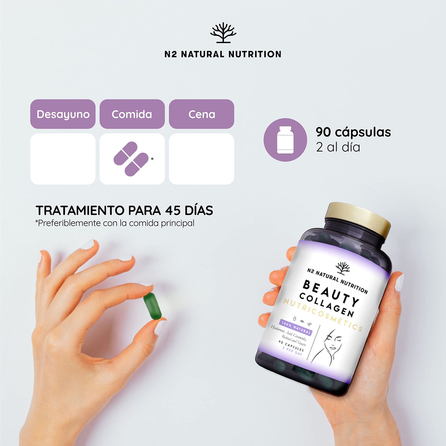 Hydrolyzed Collagen with Retinol, Hyaluronic Acid, Ceramides and Niacin. Healthy and Hydrated Skin. 90 Vegetable Capsules. Natural Barrier. With Vitamin C. CE. N2 Natural Nutrition