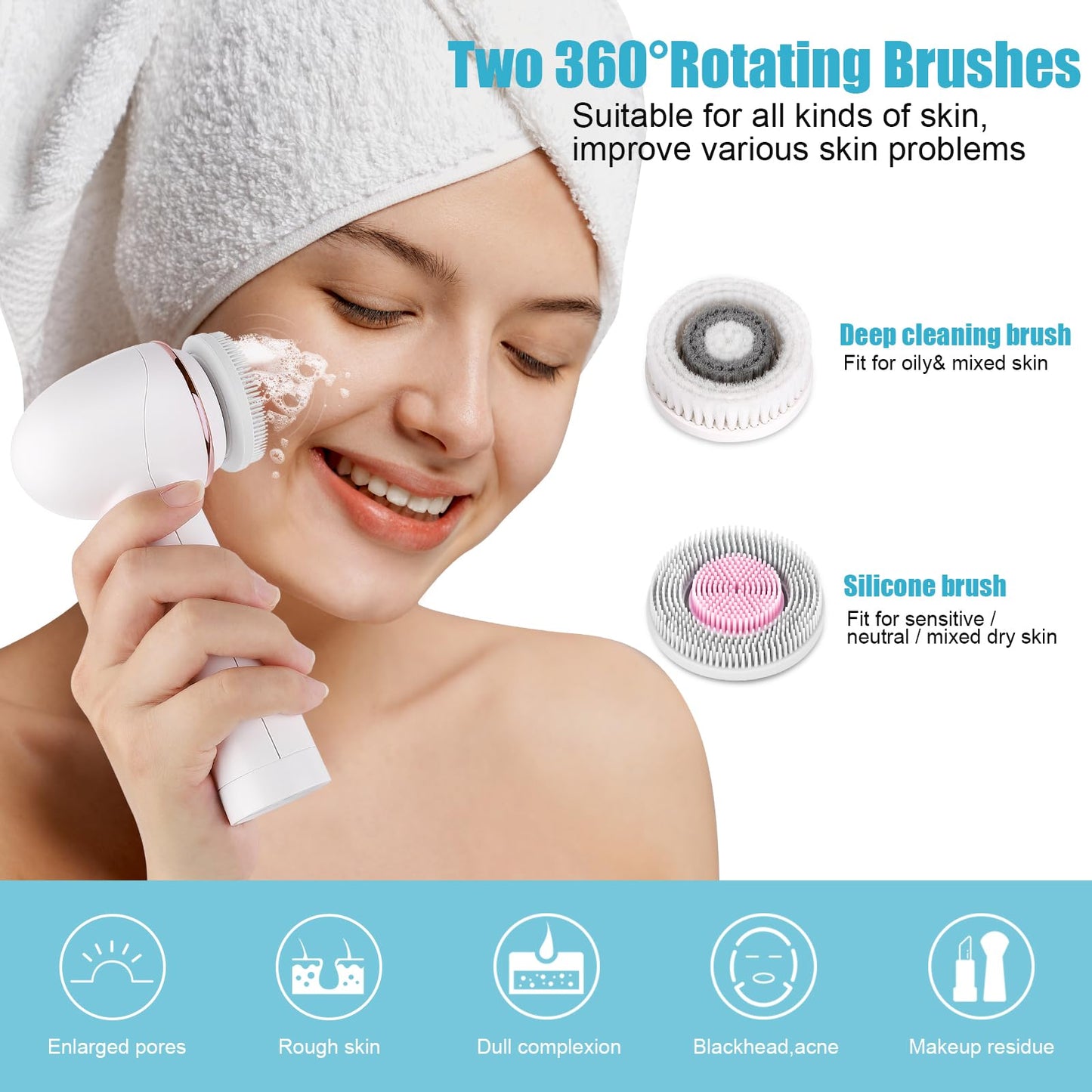 MYCARBON Electric Facial Cleansing Brush 2500 mAh Rechargeable Electric Massager Cleanser 2 Modes 360° Rotation Cleansing Brush 2 Speeds 2 Brushes IPX7 Waterproof FCD4 White