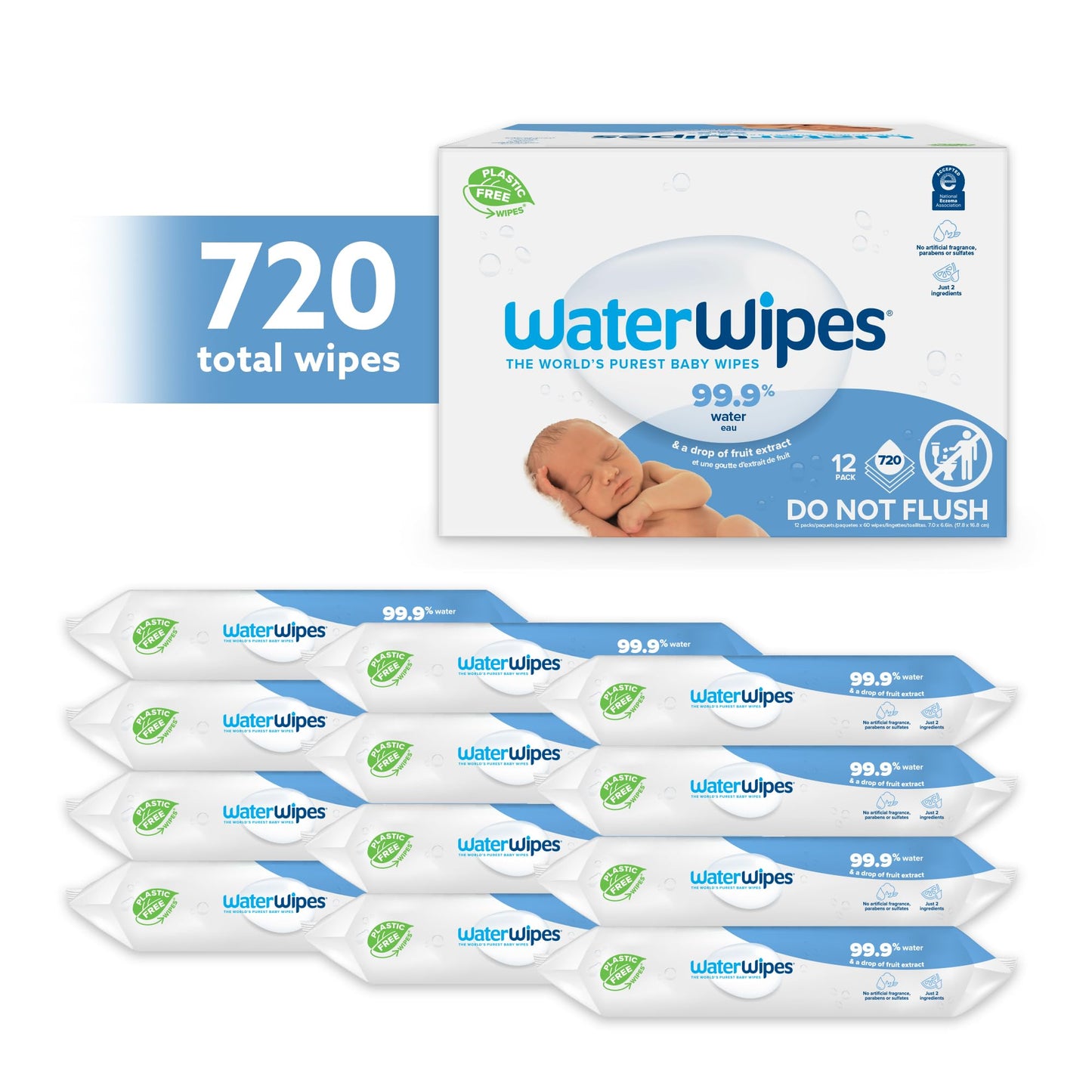 WaterWipes Toallitas Húmedas para Bebés – Pieles Sensibles y Sin Plástico (720 Unidades)