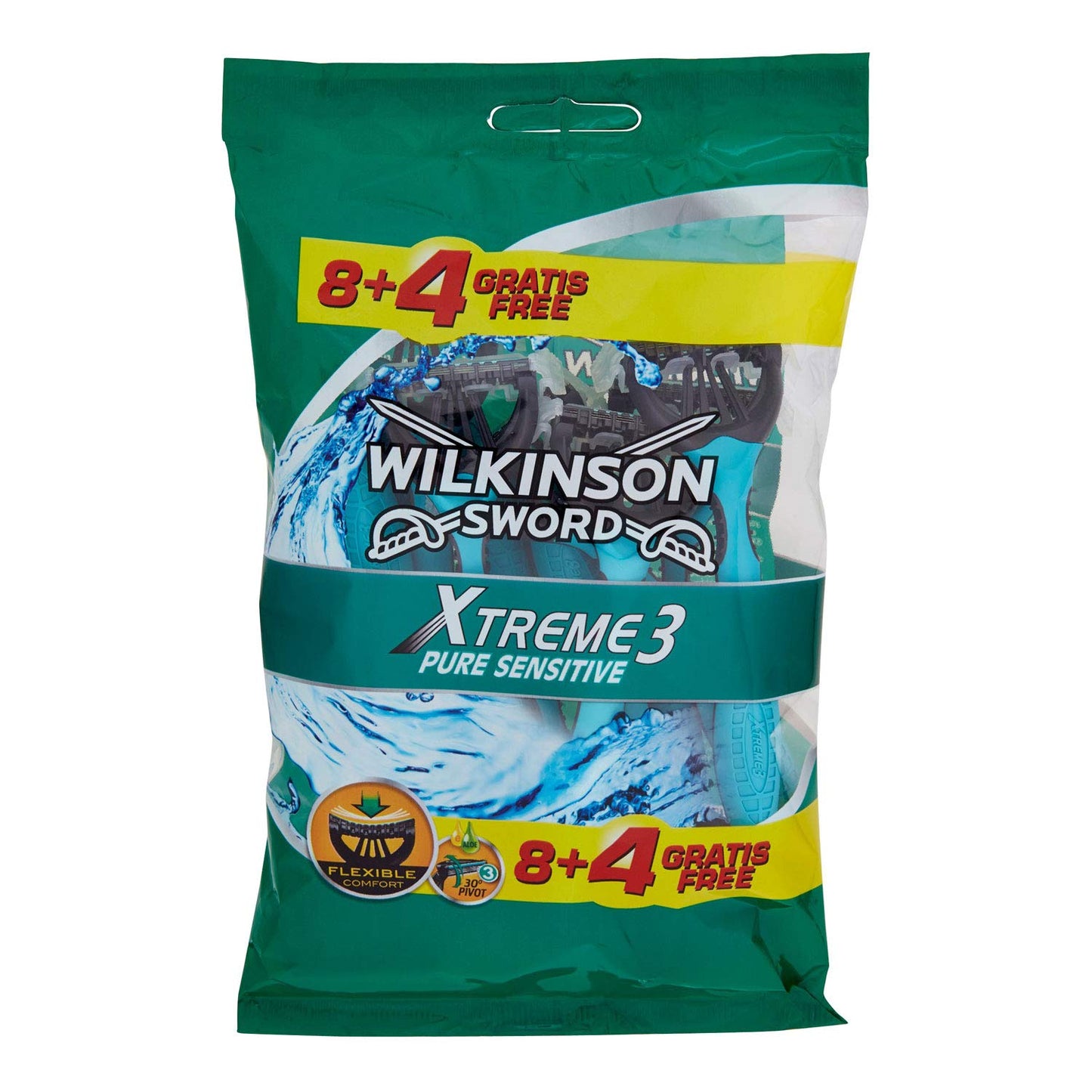Wilkinson Sword Xtreme 3 Sensitive - Pack of 8 + 4 Disposable Razors with a Lubricating Strip of Vitamin E and Aloe Vera - Optimal for Facial Care and Softness
